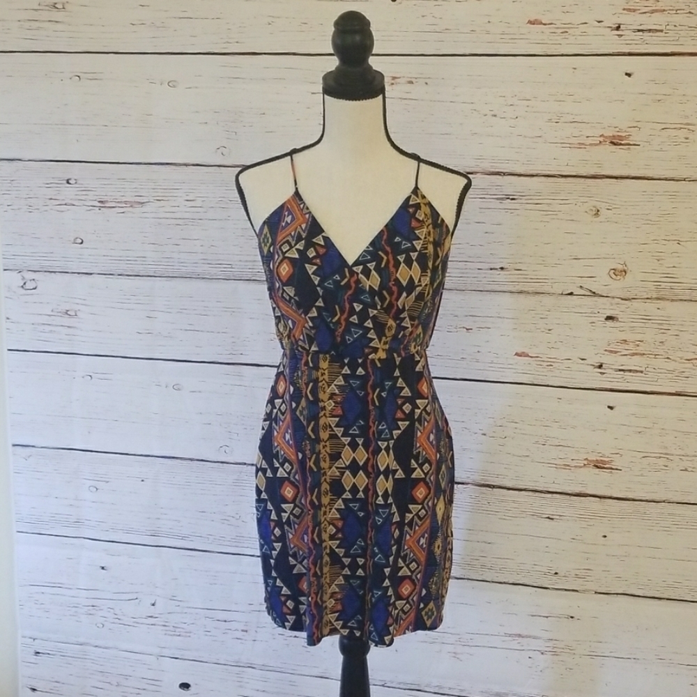 T-BAGS L.A. // tribal print spaghetti strap cool silky feel mini dress